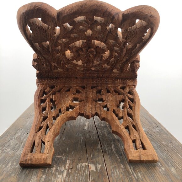 Vintage Teak Wood Book Holder Stand Hand Carved Floral Leaf Design Folding Decor - Picture 3 of 12